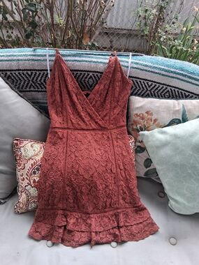 Lulu's Rust Lace Ruffle-Hem Spaghetti Strap Mini Dress